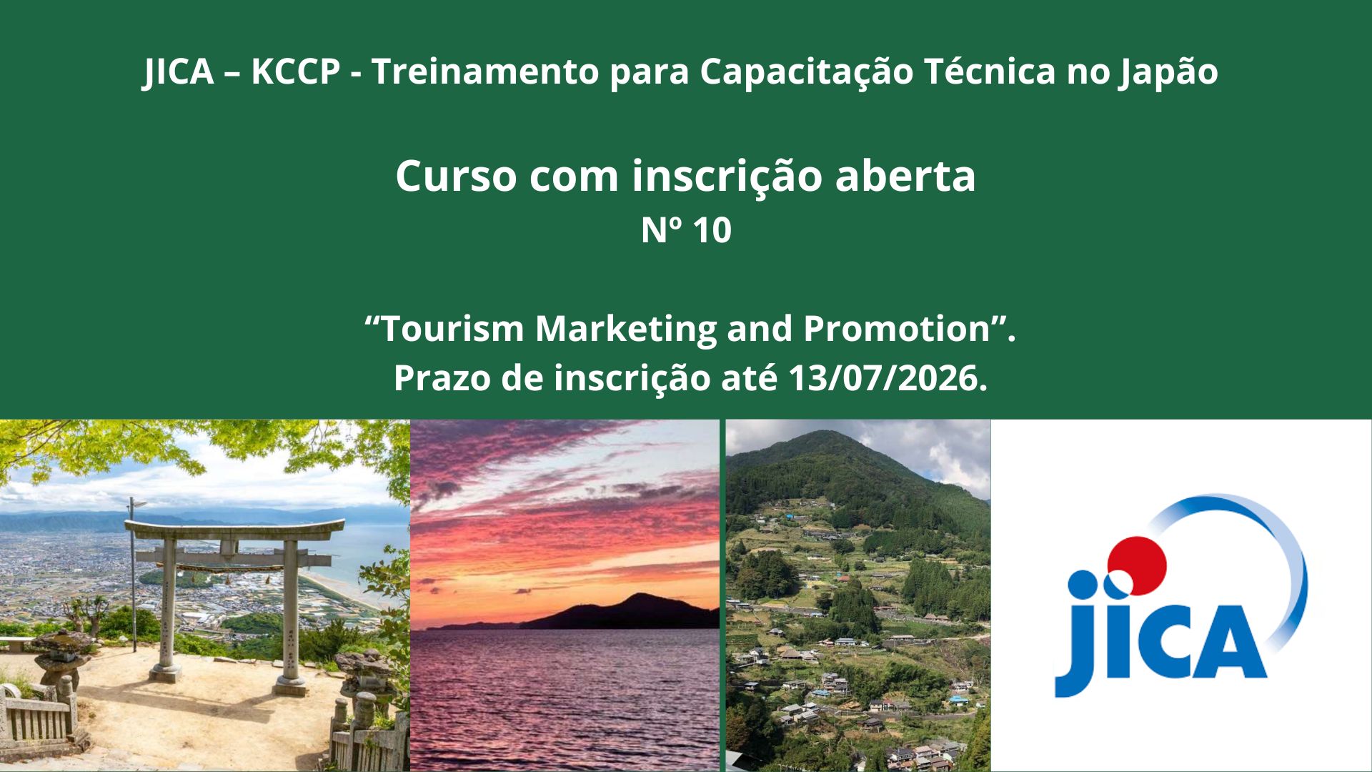 JICA – Treinamento no Japão – Nº 10 “Tourism Marketing and Promotion”. Prazo de inscrição até 13/07/2026